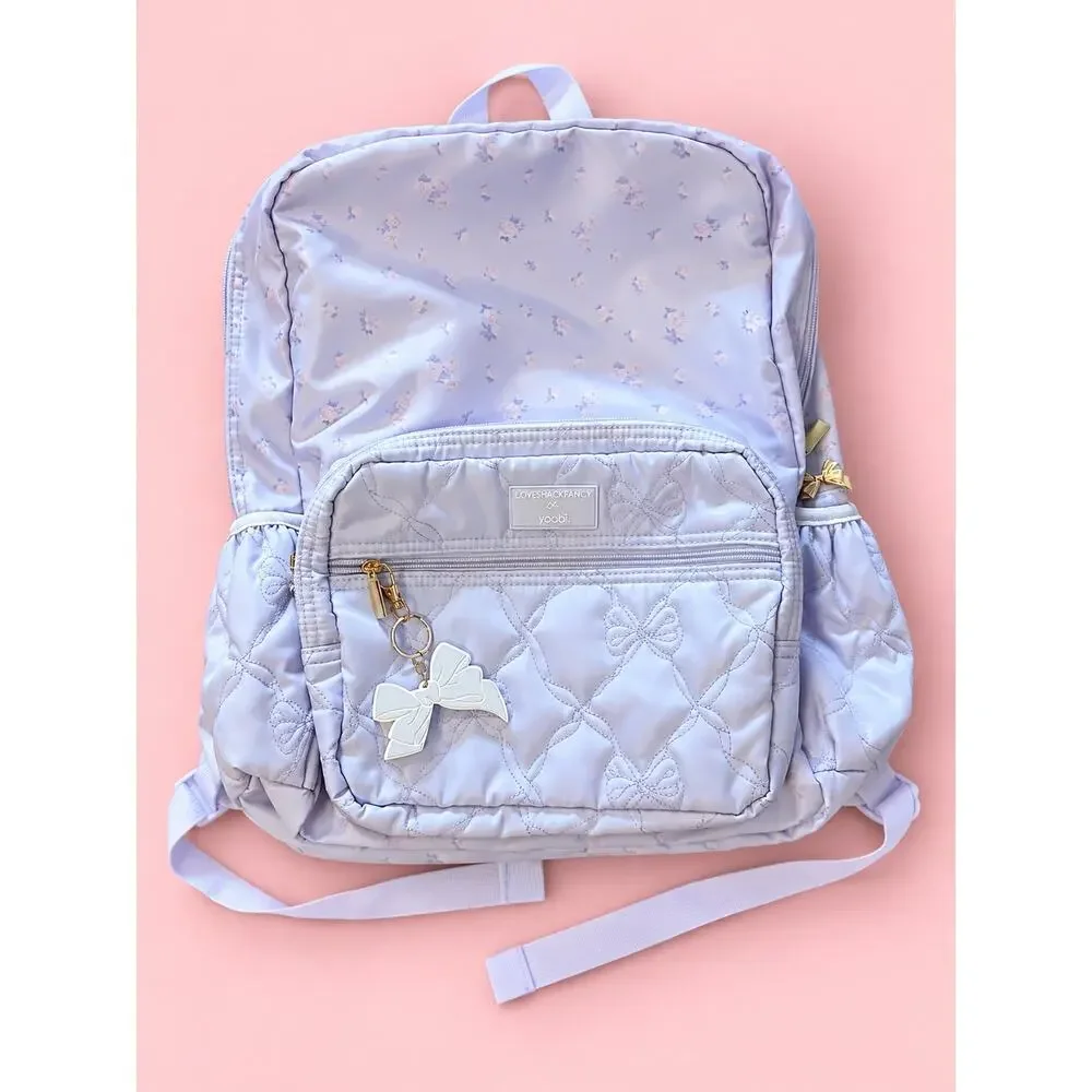 NWT LoveShackFancy x Yoobi Backpack Purple/ Blue Floral Bow Quilted Laptop Bag